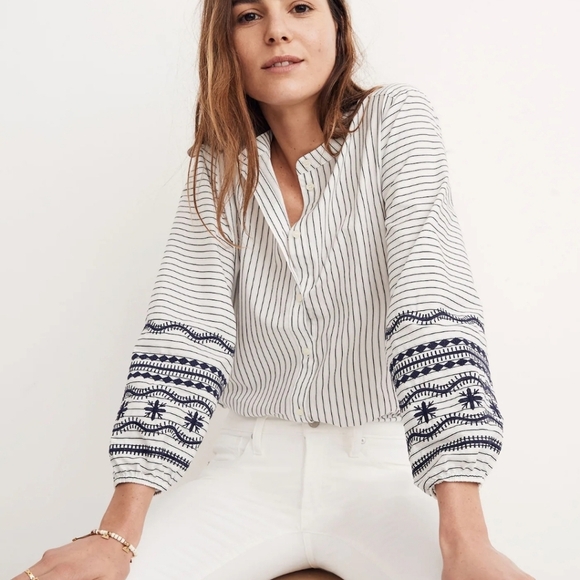 Madewell Tops - Madewell Striped Embroidered-Sleeve Shirt SZ XS